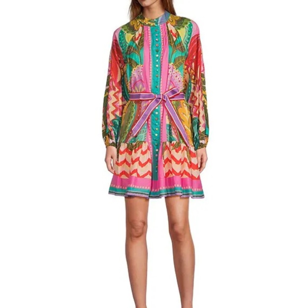 Brynn Printed Cotton Voile Mock Neck Long Sleeve Drop Waist Dress-Size 8